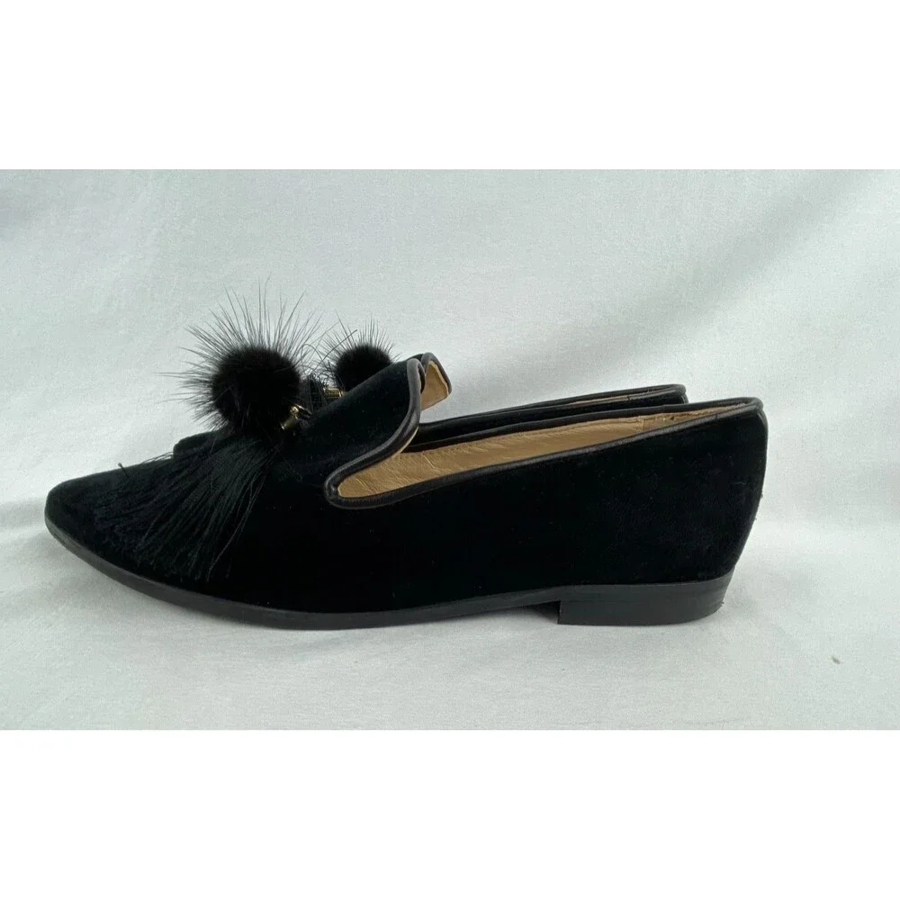 JON JOSEF Blair Loafers Women 6M Black Velvet Rabbit Fur Pom Spain Blair Waldorf